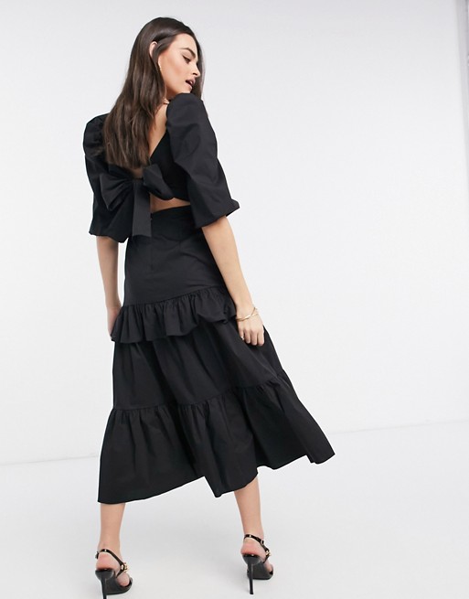 VL The Label puff sleeve volume bow back tiered frill midi dress in black