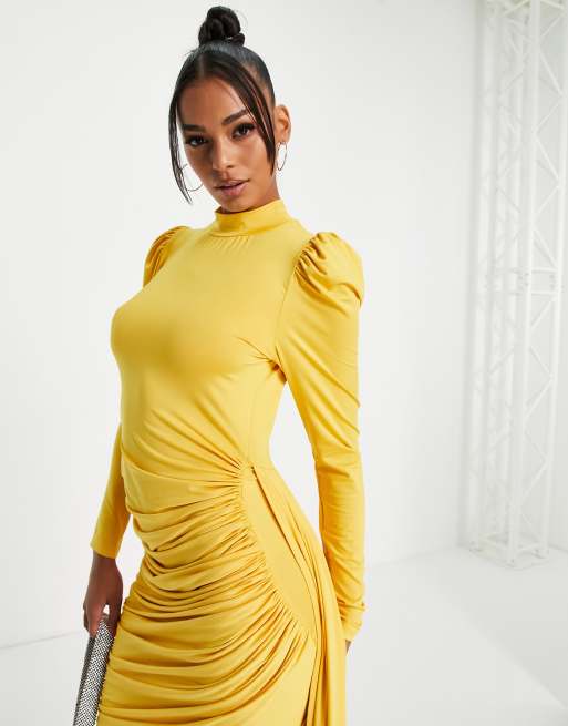 VL The Label - Robe modeste longue à manches longues drapées - Jaune, 3 de 4