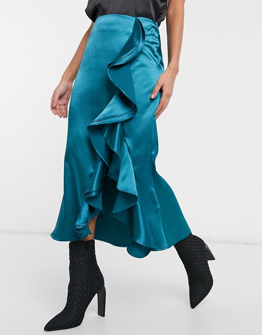 VL The Label satin ruffle front midi skirt with thigh split in teal