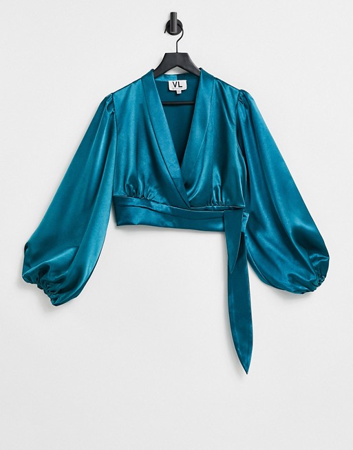 VL The Label satin wrap front tie detail crop top in teal