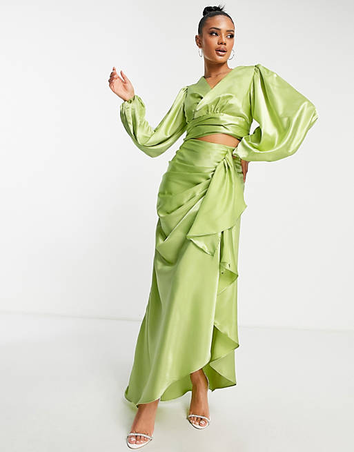 VL The Label tie up long sleeve satin top in green (part of a set)