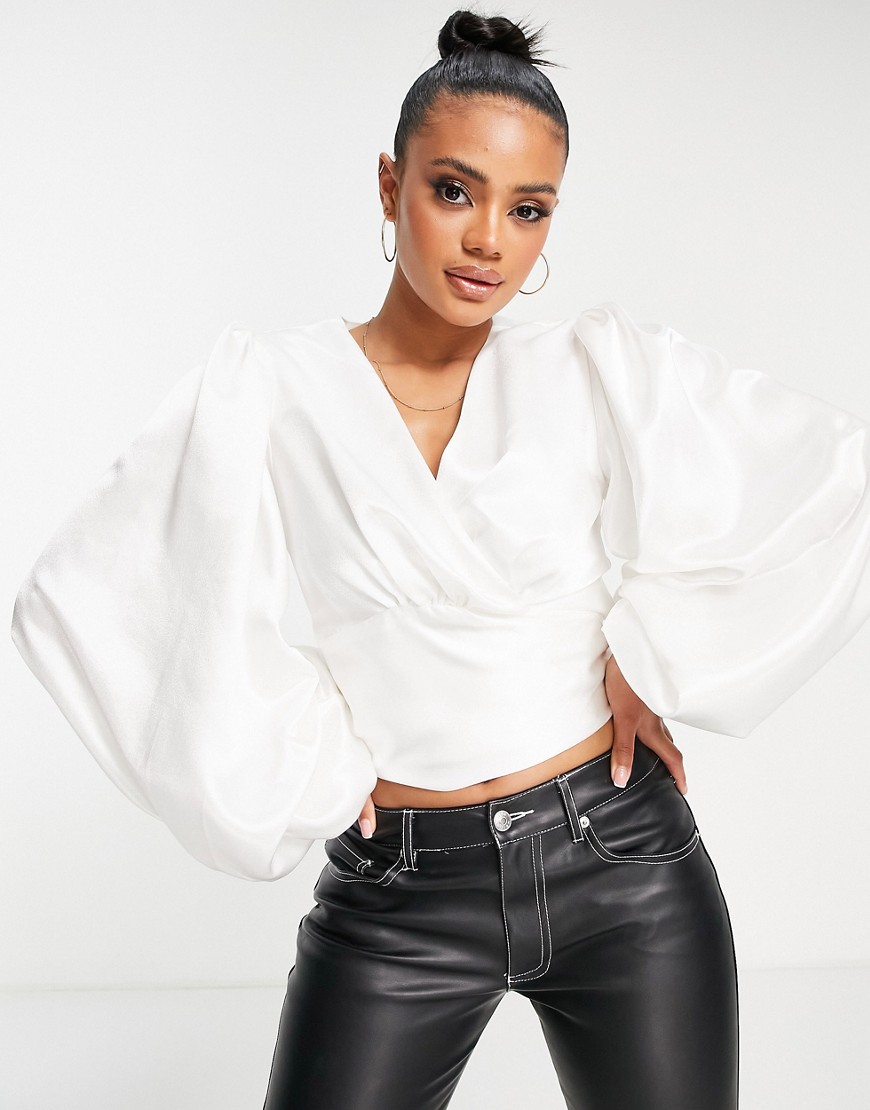VL The Label tie up long sleeve satin top in Ivory-White