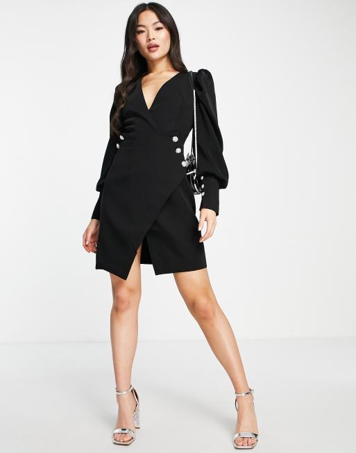 VL The Label V neck puff sleeve mini dress in black | ASOS