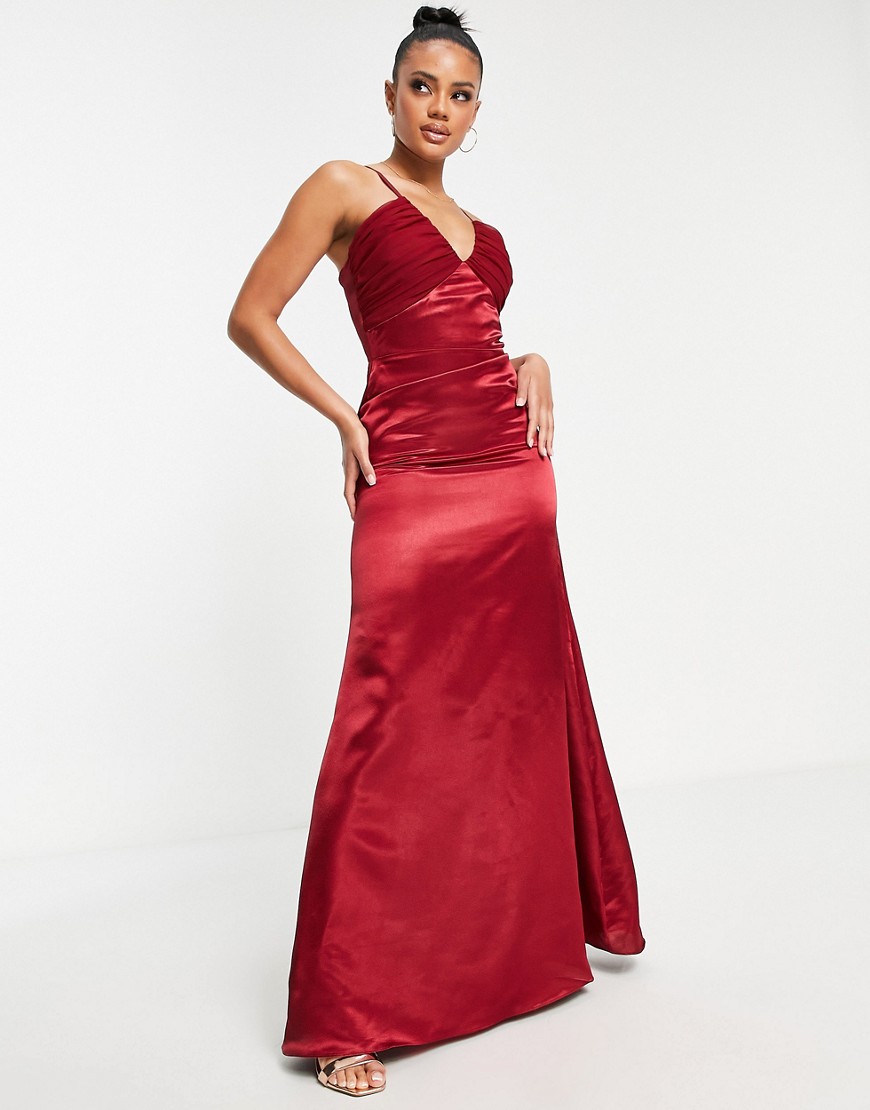 Vl The Label V Neck Satin Maxi Dress In Red | ModeSens