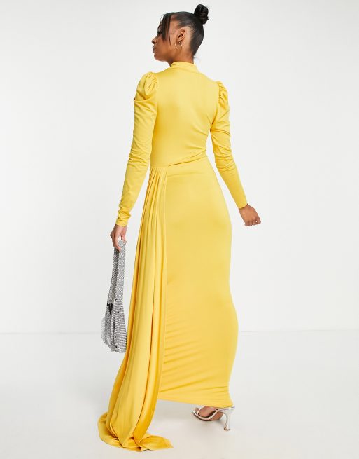 VL The Lable – Schlichtes, drapiertes Maxikleid in Gelb mit langen Ärmeln, 2 von 4