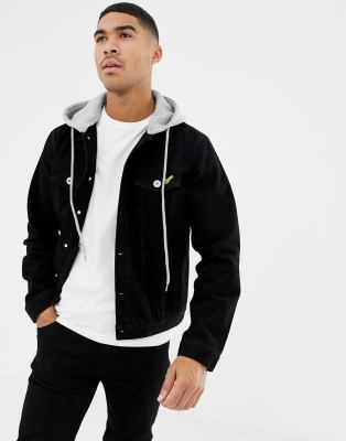 black denim jacket with white hoodie