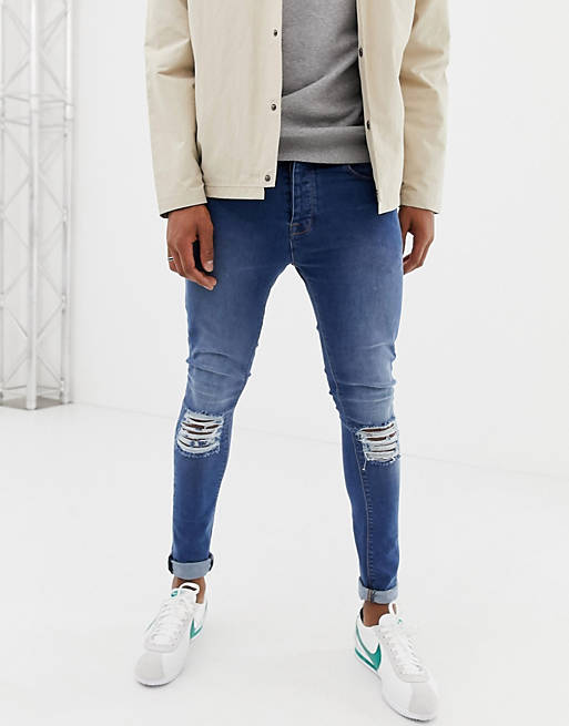 Voi Jeans Super Skinny Jeans In Mid Blue With Knee Rips | ASOS