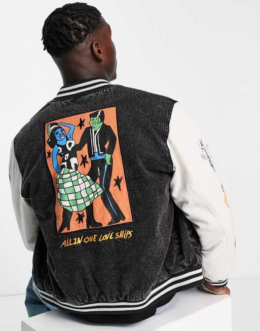 Volcom Bob Mollema back print varsity jacket in brown/ white