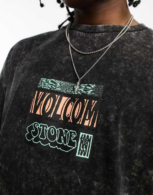Volcom mind invasion t shirt with chest and back print in washed black