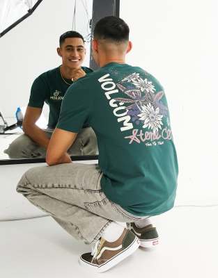 Volcom physic daisy back print T-shirt in dark green