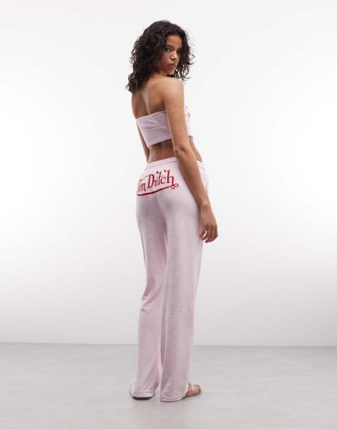 Von Dutch 3 piece velour straight leg bottom graphic jogger bottoms in pink co-ord