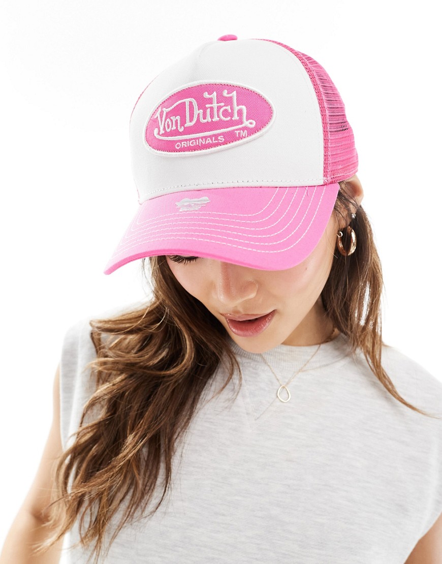 Von Dutch boston trucker cap in white and pink