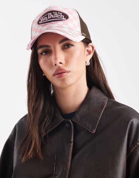 Von Dutch chequered trucker cap in pink and brown - view 1