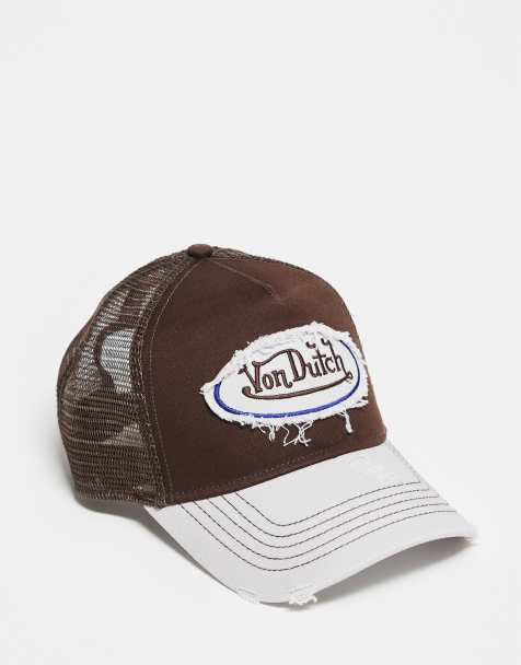 Von Dutch distressed logo trucker cap in brown and white - view 1