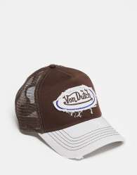 Von Dutch distressed logo trucker cap in brown and white