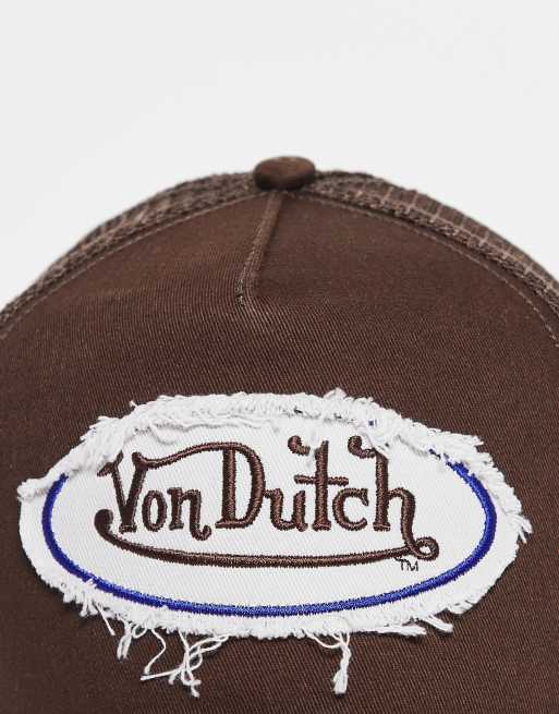 Von Dutch distressed logo trucker cap in brown and white, 2 of 3