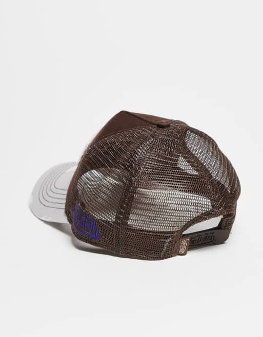 Von Dutch distressed logo trucker cap in brown and white, 3 of 3
