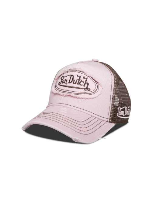 Von Dutch distressed logo trucker cap in light pink, 2 of 3