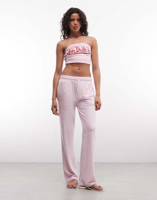 Von Dutch - Joggers rosas de pernera recta con estampado gráfico en la parte trasera de velour (parte de un conjunto de 3 piezas), 4 de 5