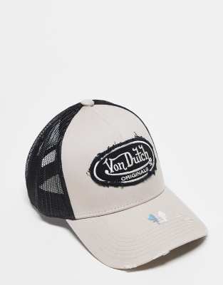 Von Dutch - Kalmar - Trucker-Kappe in Wollweiß mit schwarzen Details in Used-Optik