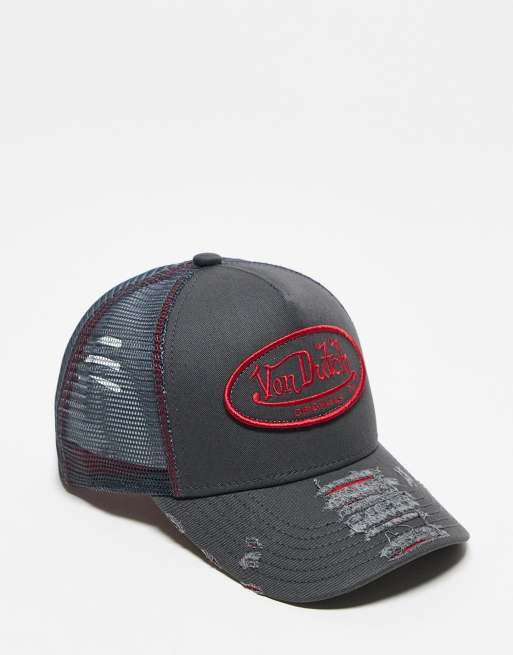 Von Dutch – Kiruna – Trucker-Kappe in Grau und Rot in abgenutzter Optik 
