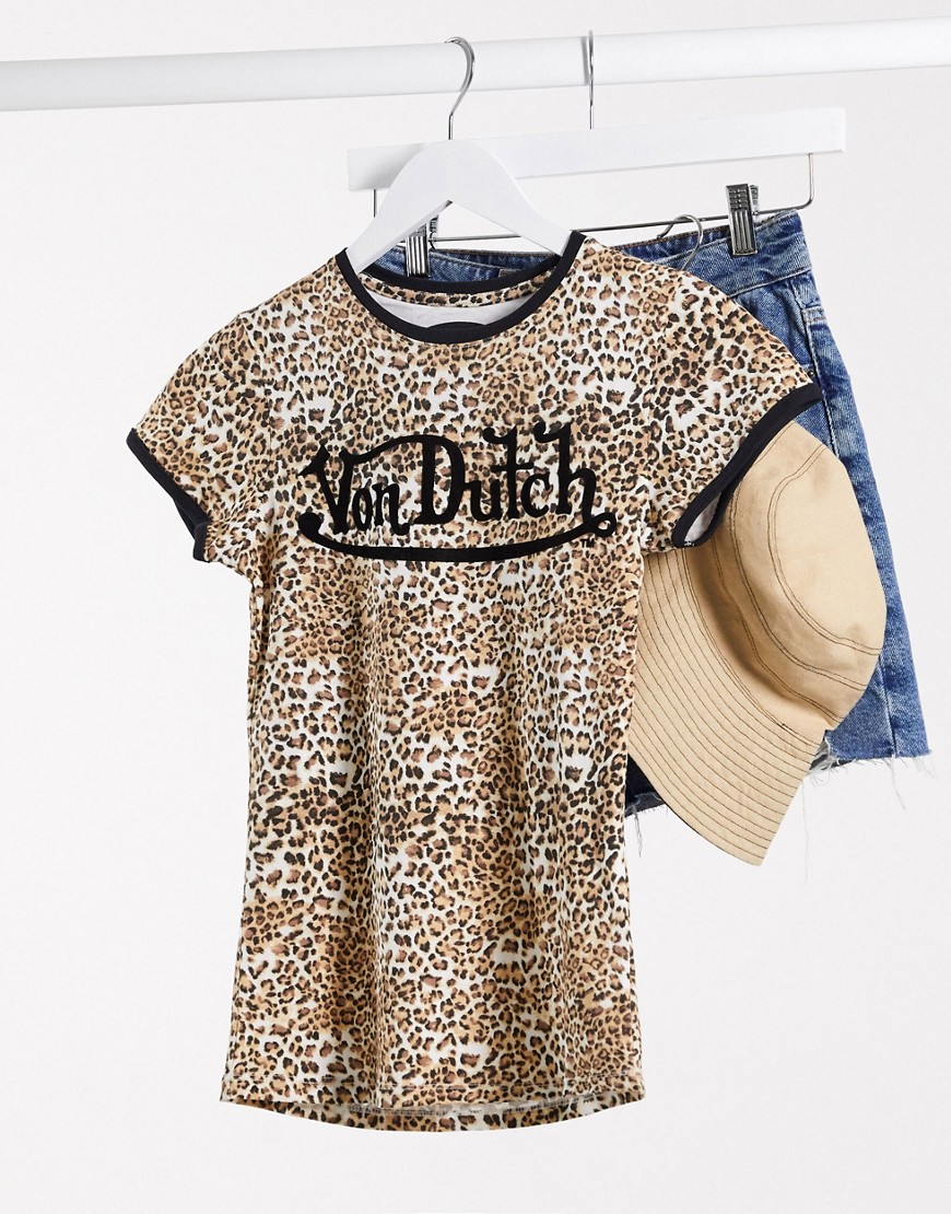 Von Dutch logo t-shirt in leopard print-Brown