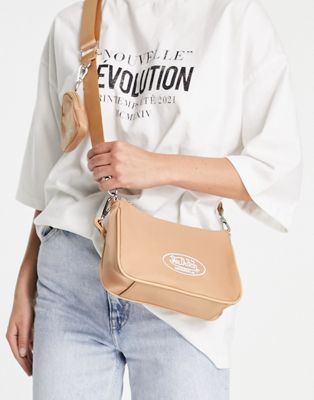 Von Dutch nylon shoulder bag with detachable cross body strap in beige