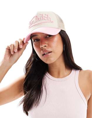 Von Dutch Von Dutch Riverside trucker cap in beige and pink