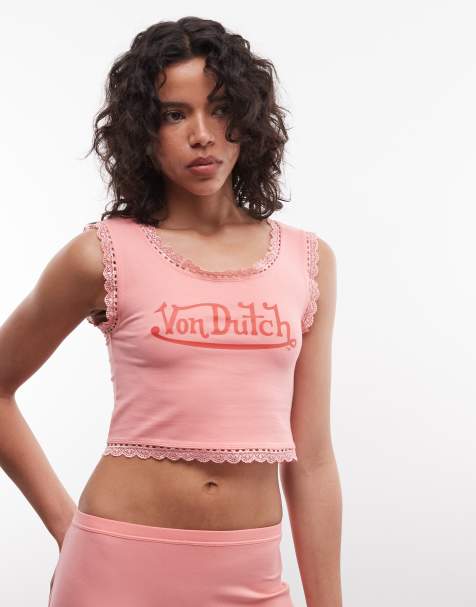 Von Dutch strappy vest top with lace edging in coral co-ord - view 1