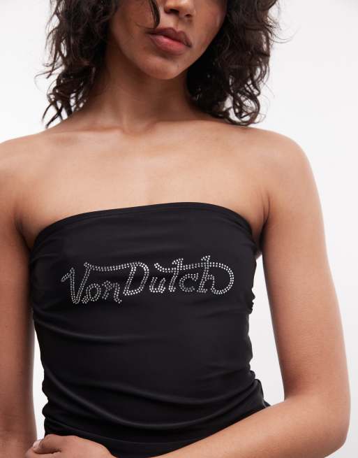Von Dutch - Top negro con escote palabra de honor y gráfico de strass, 3 de 4