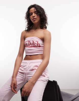 Trägerloses Cropped-Oberteil aus Velours in Rosa mit farblich abgesetzter Grafik im Y2K-Stil, Kombiteil Rosa L