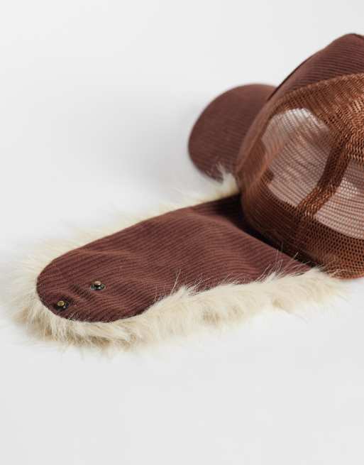 Von Dutch trapper faux fur cap in brown corduroy, 2 of 3
