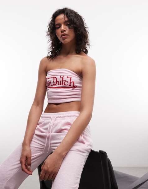 Von Dutch - Y2K - 3 -delige cropped bandeautop van velours met contrasterende print in roze, deel van co-ord set - view 1