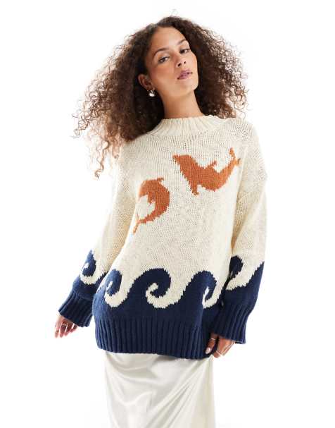 VRG GRL ace of something dolphin intarsia oversized jumper in multi - view 1