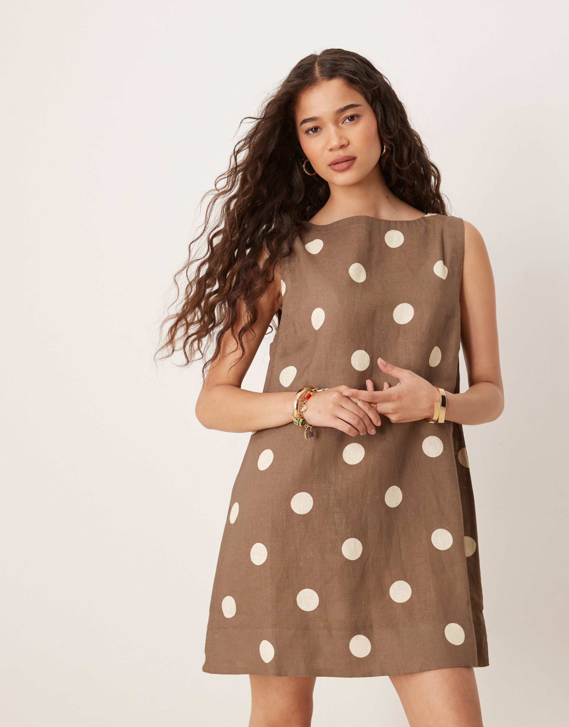 vrg grl aftersun polka dot linen mini shift dress in brown