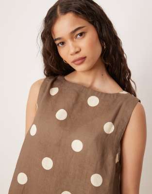 VRG GRL aftersun polka dot linen mini shift dress in brown