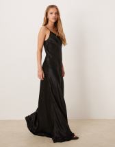 Mango satin cami a line maxi dress with ruched bust detailing in chocolate