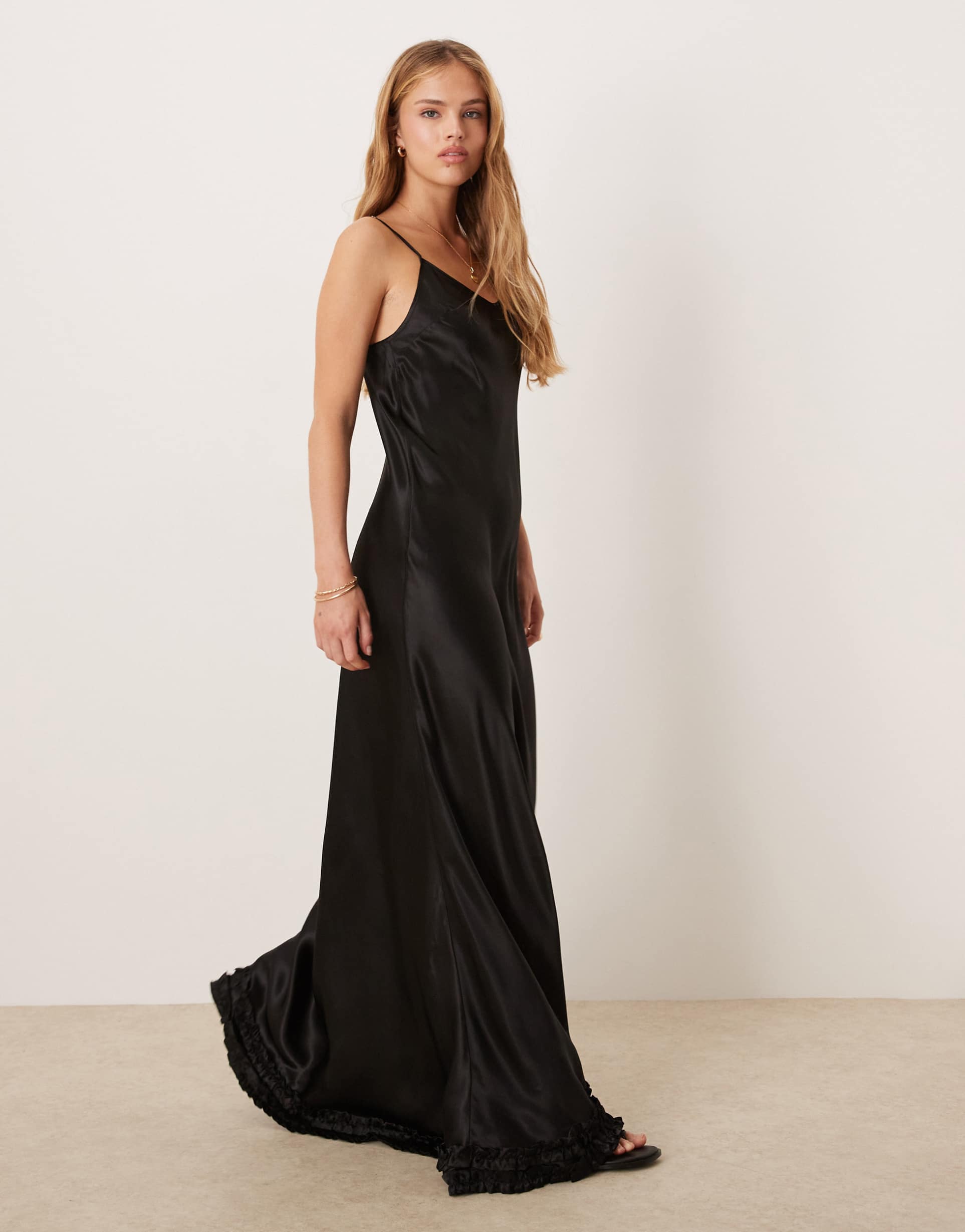 vrg grl alber satin ruffle hem maxi dress in black