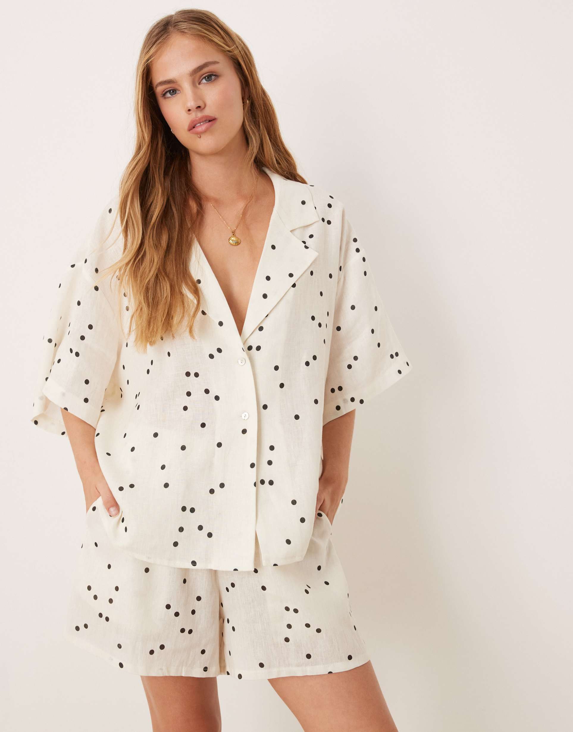 vrg grl anke polka dot linen shirt in white - part of a set