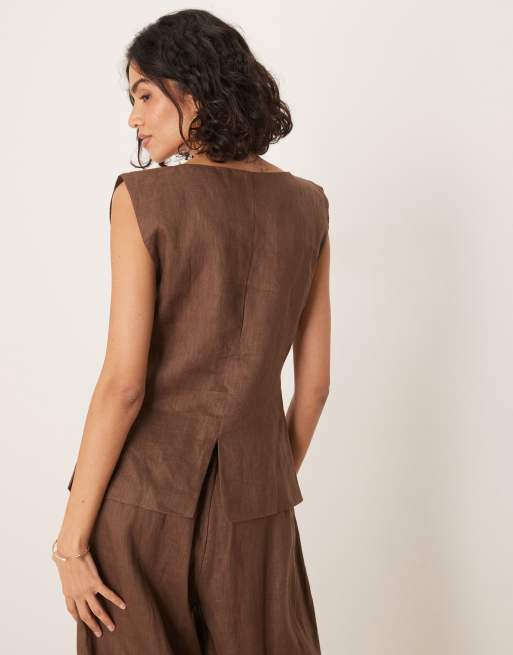 VRG GRL Aria linen singlet in chocolate brown (part of a set), 3 of 4