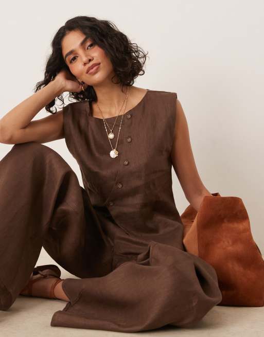VRG GRL Aria linen singlet in chocolate brown (part of a set), 4 of 4