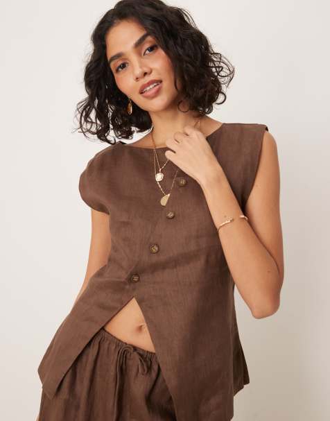 VRG GRL aria linen vest in chocolate brown co-ord