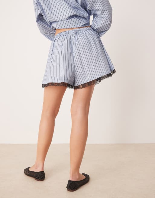VRG GRL Ava lace edge shorts in blue stripe, 5 of 5