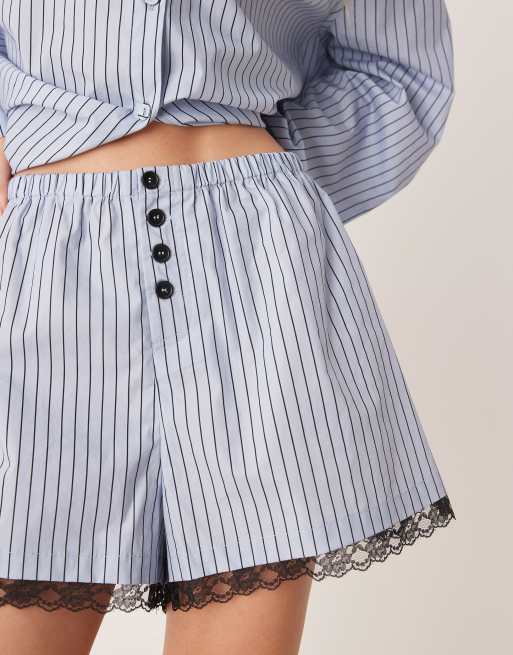 VRG GRL ava lace edge shorts in blue stripes, 2 of 5
