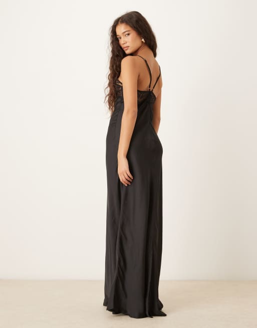VRG GRL cami laced strap detail longline satin dress in black, 3 of 4