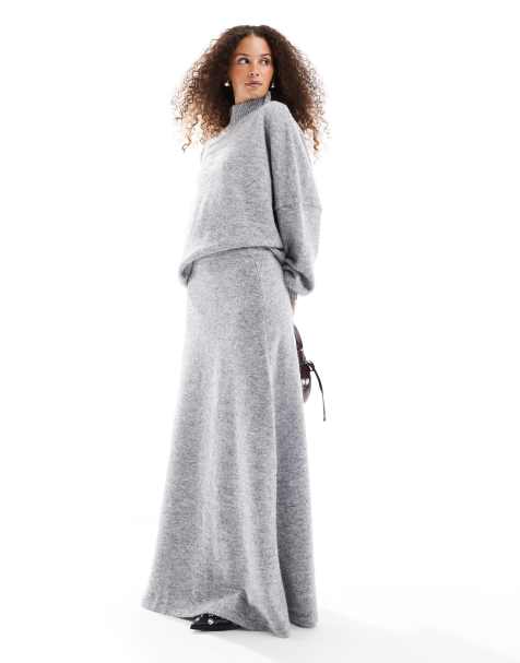 VRG GRL Cara knitted maxi skirt in soft grey marl - view 1