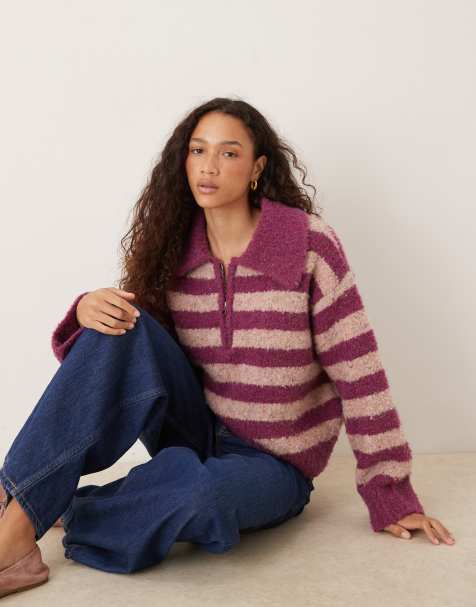 VRG GRL chunky striped collared sweater in pink - view 1