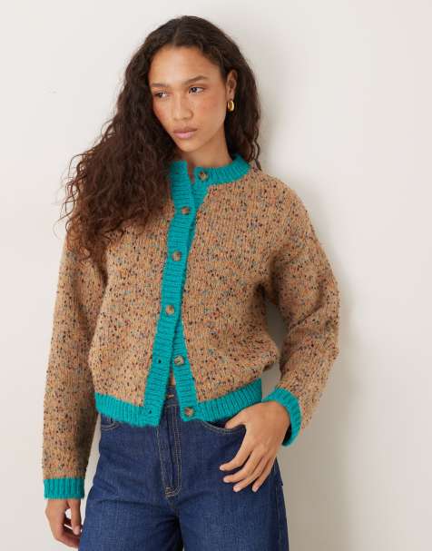 VRG GRL contrast trim speckled knitted cardigan in multi - view 1
