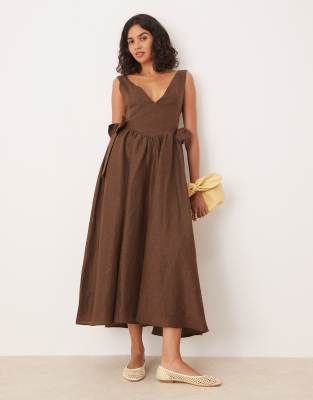 daphne linen ruffle detail midi dress in chocolate brown