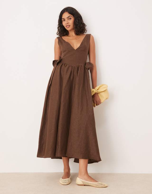 VRG GRL daphne linen ruffle detail midi dress in chocolate brown